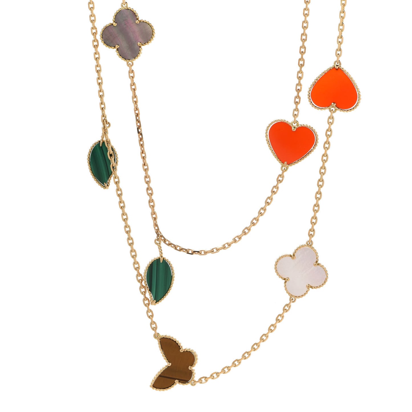 18K Yellow Gold Mother of Pearl Malachite Carnelian Tiger Eye 12 Motif Lucky Alhambra Necklace