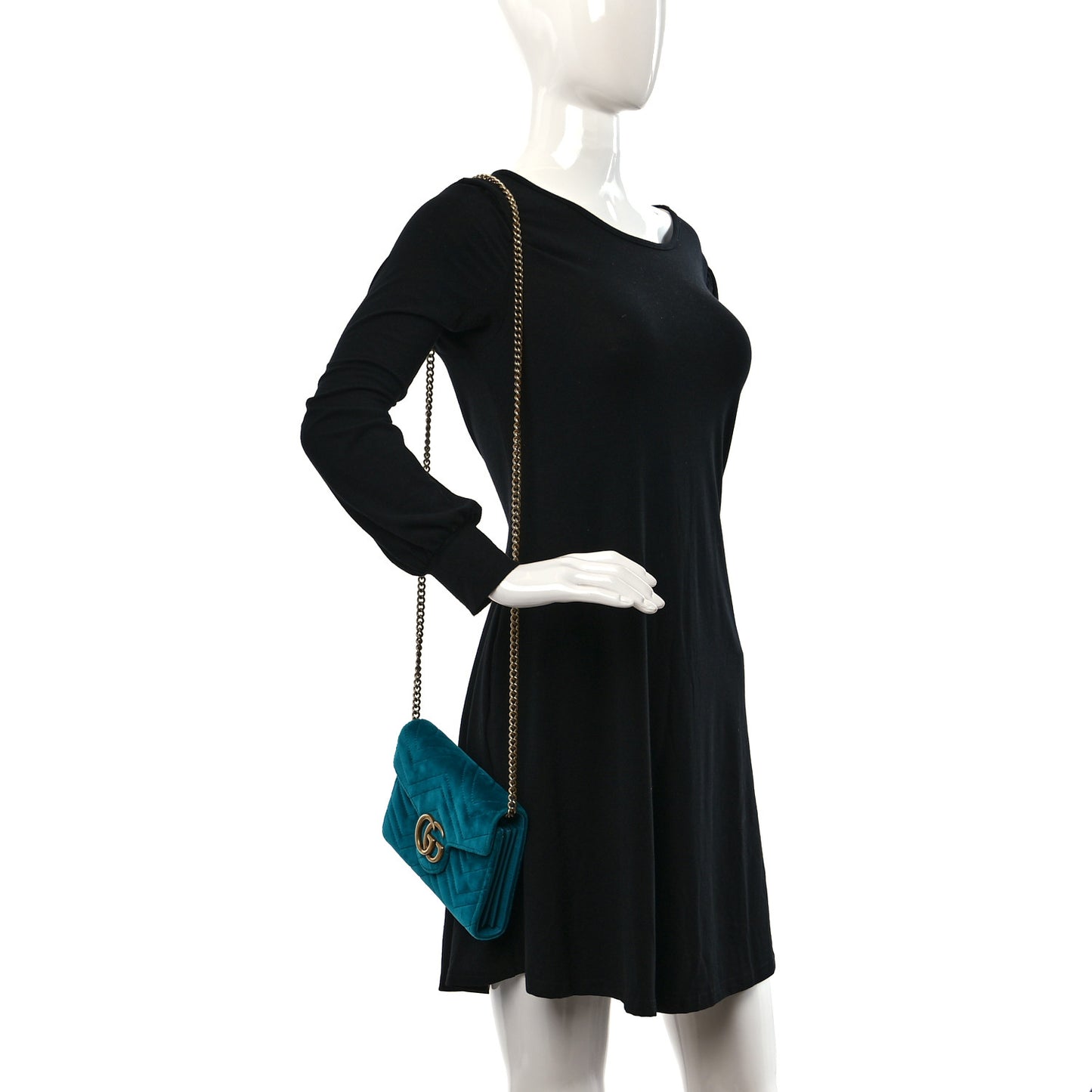 Velvet Matelasse GG Marmont Chain Wallet Pavone Cyan