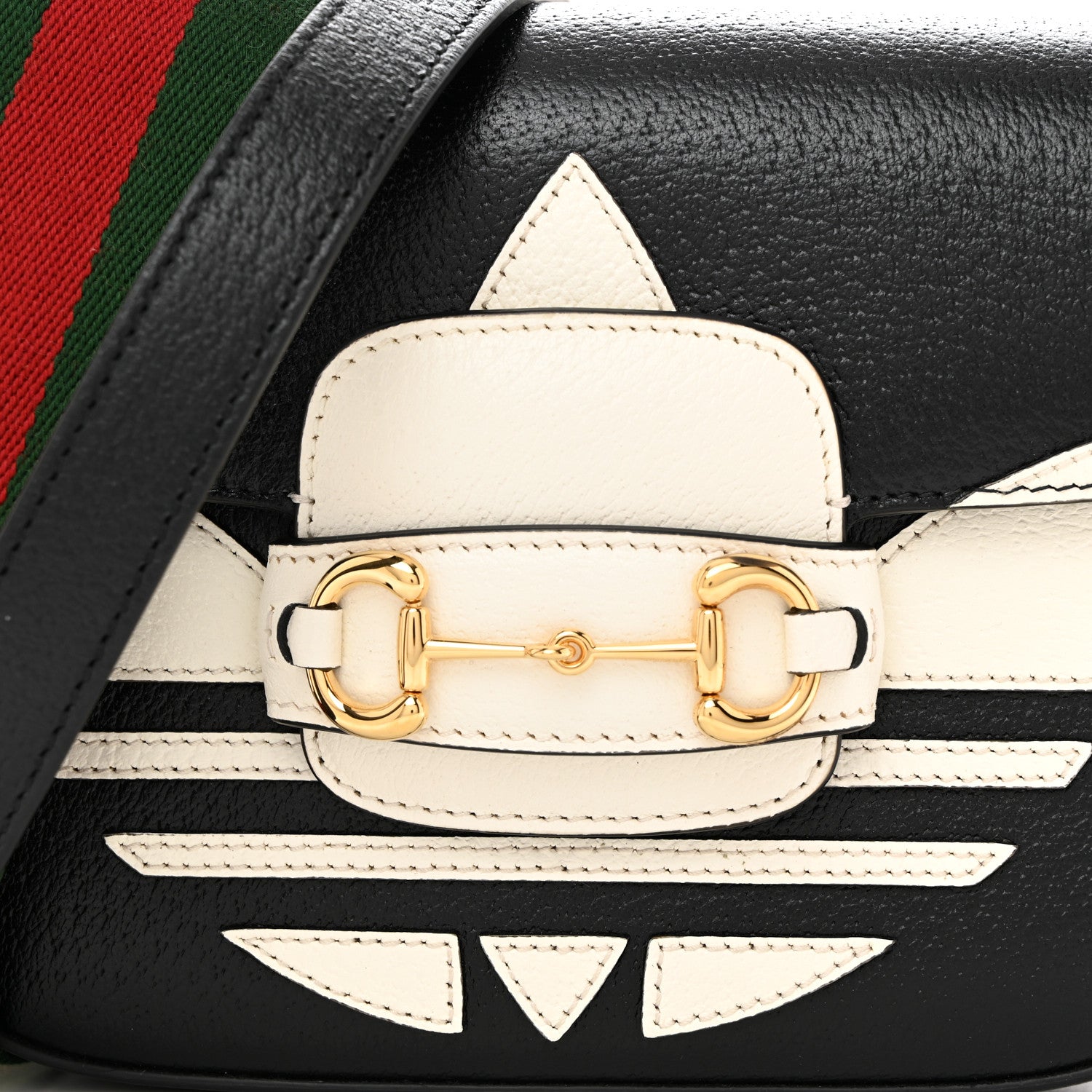 Gucci X ADIDAS Textured Dollar Calfskin Web Trefoil Mini Horsebit 1955 Shoulder Bag Black Off White 8 of 11