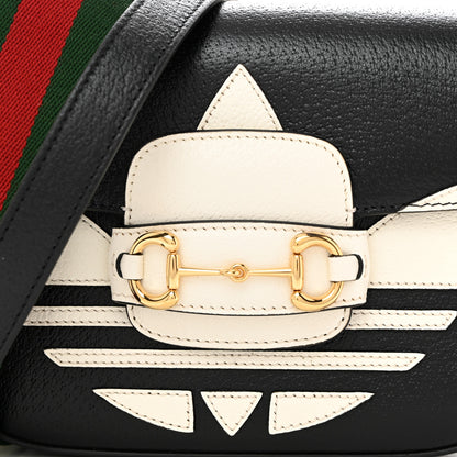 Gucci X ADIDAS Textured Dollar Calfskin Web Trefoil Mini Horsebit 1955 Shoulder Bag Black Off White 8 of 11