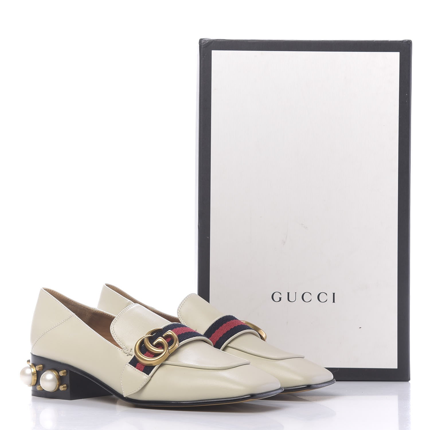 Gucci Betis Glamour Calfskin Web Pearl Embellished Peyton 35mm Loafer Pumps 37 Mystic White 12 of 12