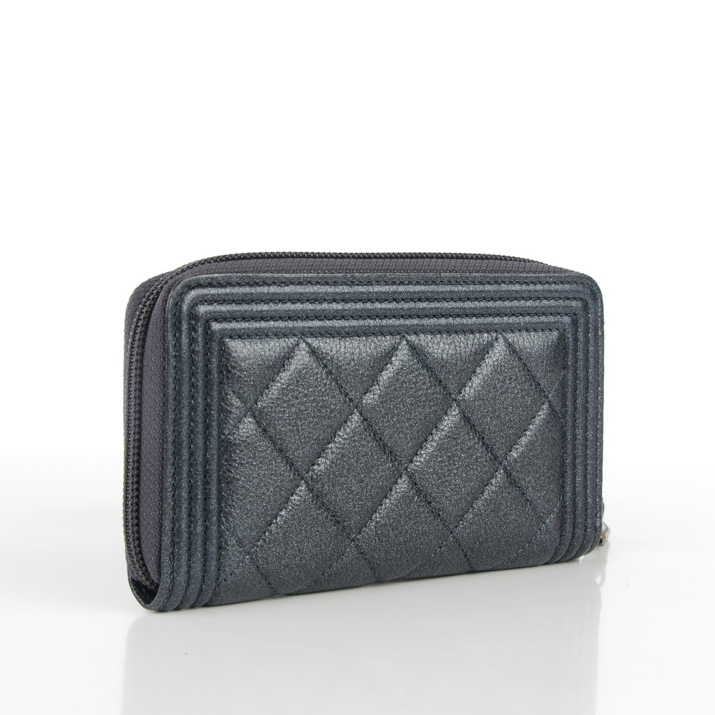 Metallic Calfskin Quilted Small Boy Zip Around Wallet Charcoal