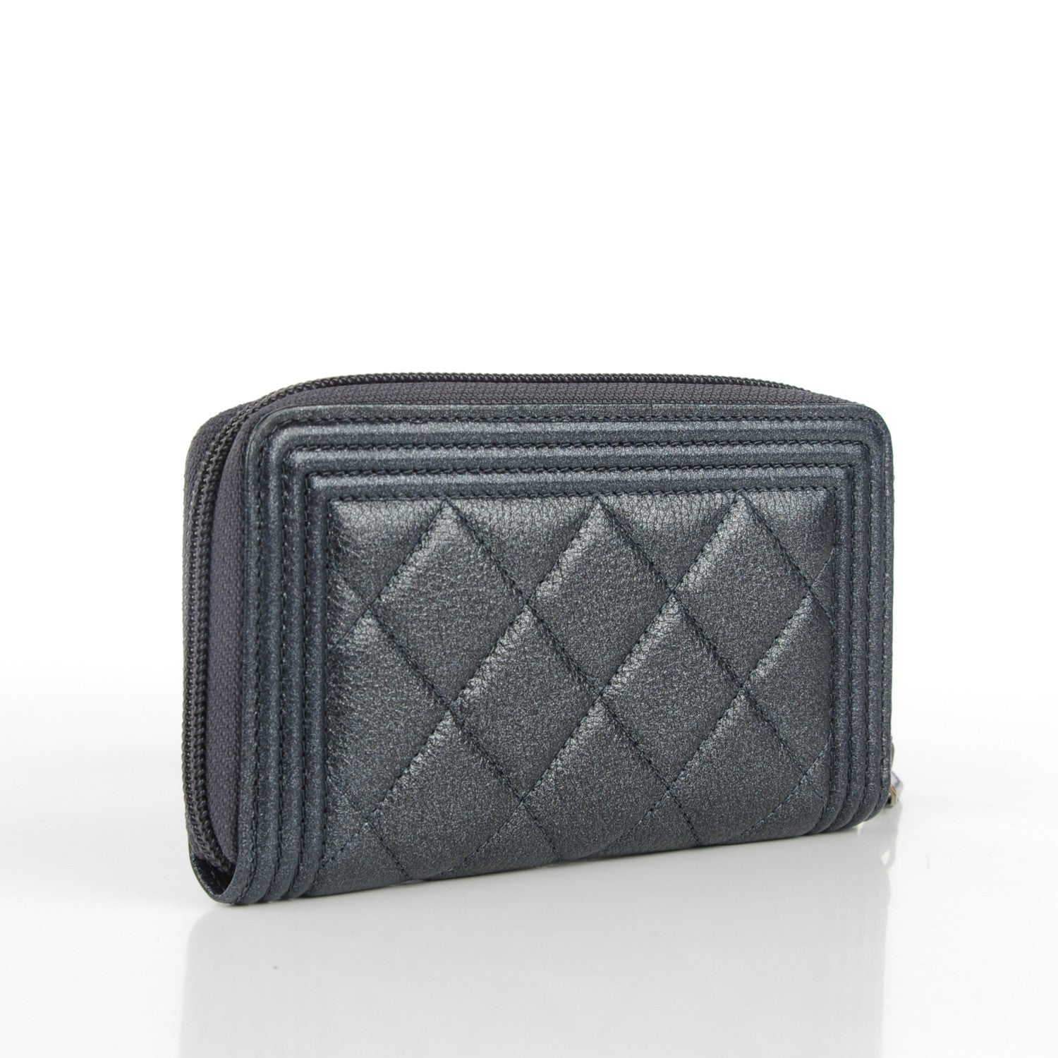 Chanel Metallic Calfskin Quilted Small Boy Zip Around Wallet Charcoal 3 of 9
