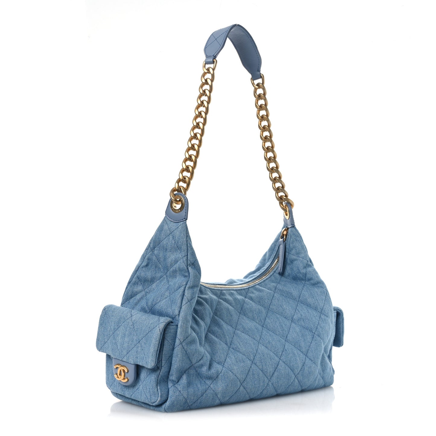 Washed Denim Quilted Large Trendy Pockets Hobo Blue