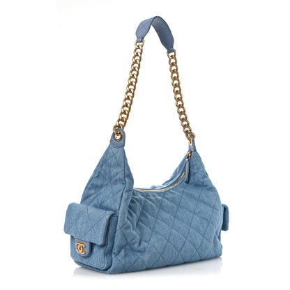 Chanel Washed Denim Quilted Large Trendy Pockets Hobo Blue 3 of 11
