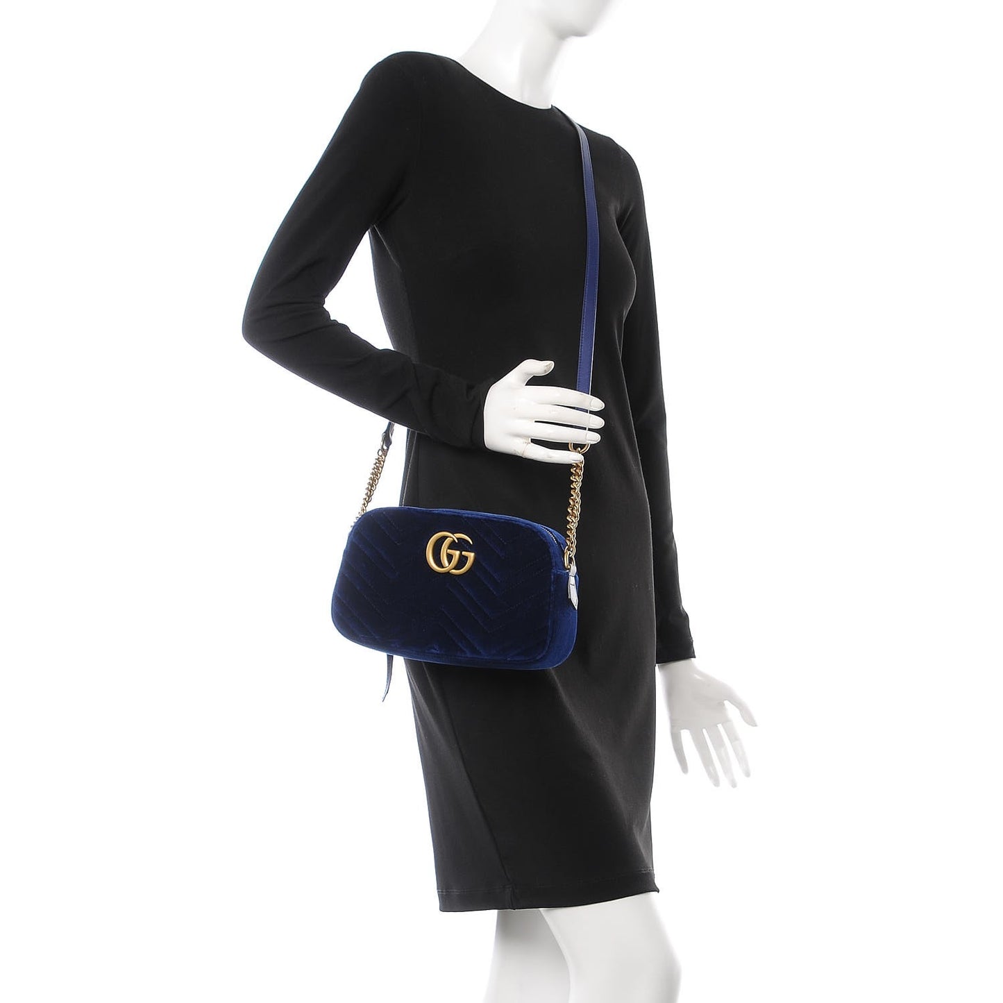 Velvet Matelasse Small GG Marmont Chain Shoulder Bag Cobalt