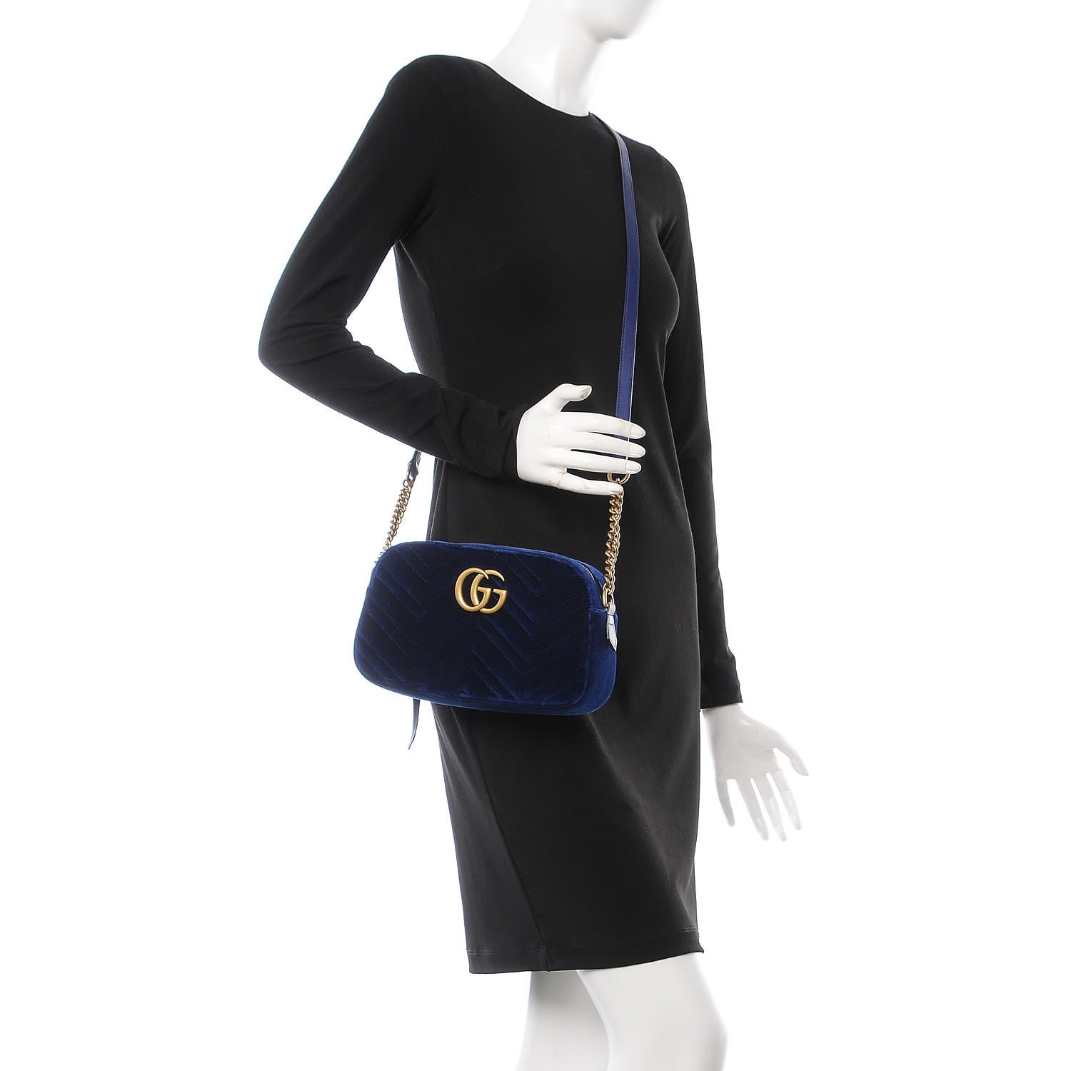Gucci Velvet Matelasse Small GG Marmont Chain Shoulder Bag Cobalt 2 of 7