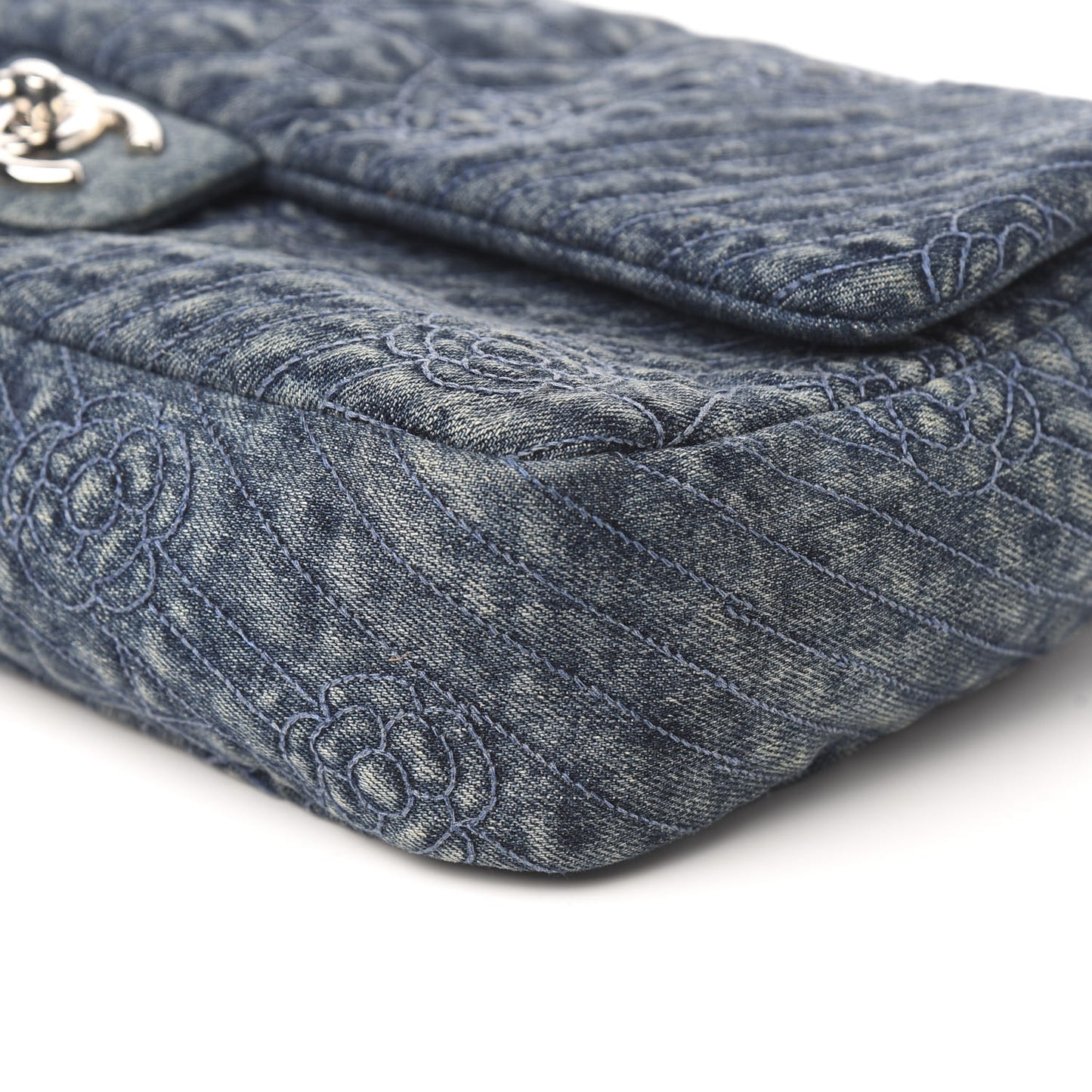 Denim Quilted Camellia Embroidered Large Flap Blue