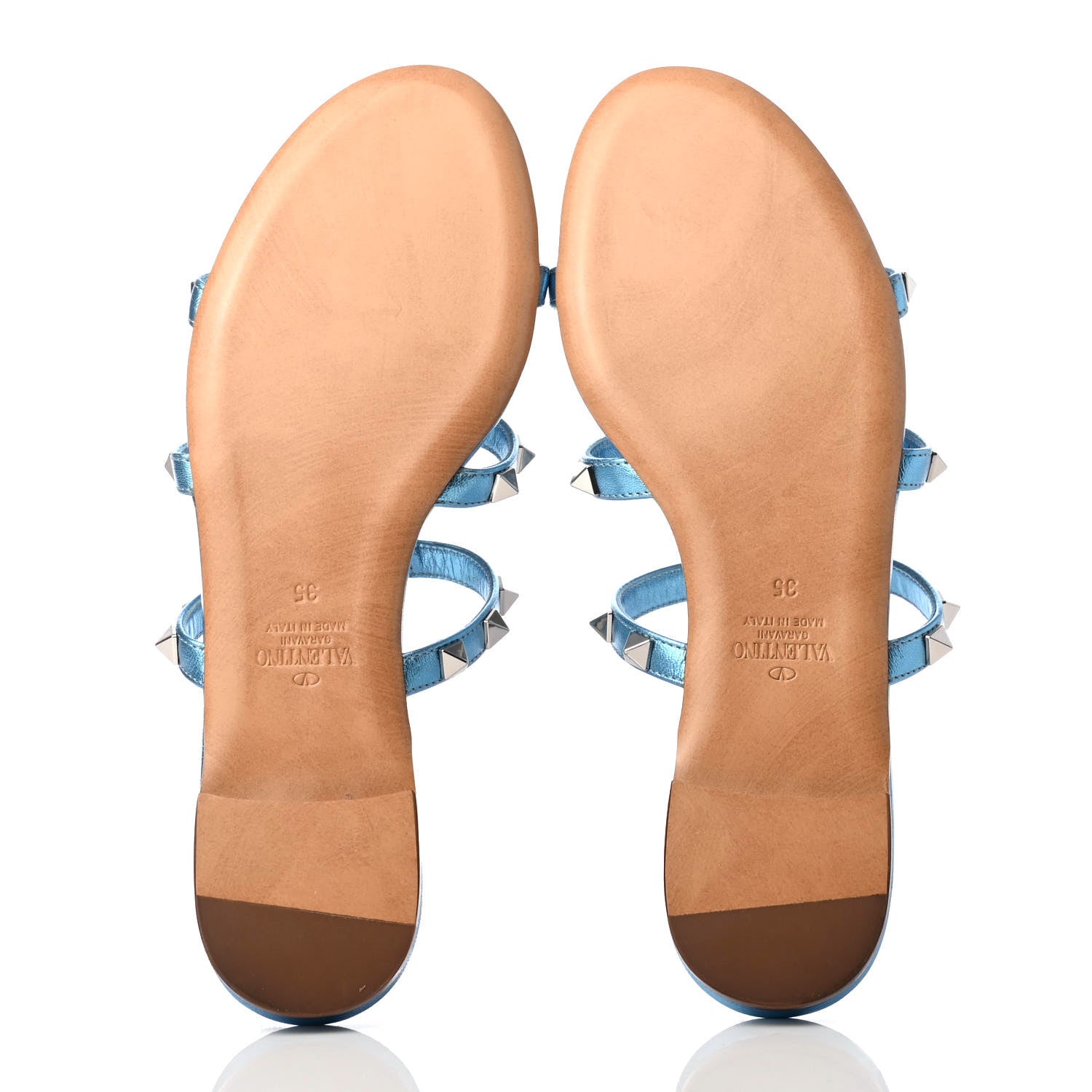 Valentino Garavani Metallic Nappa Rockstud Caged Flat Slide Sandals 35 Cerulean 5 of 10