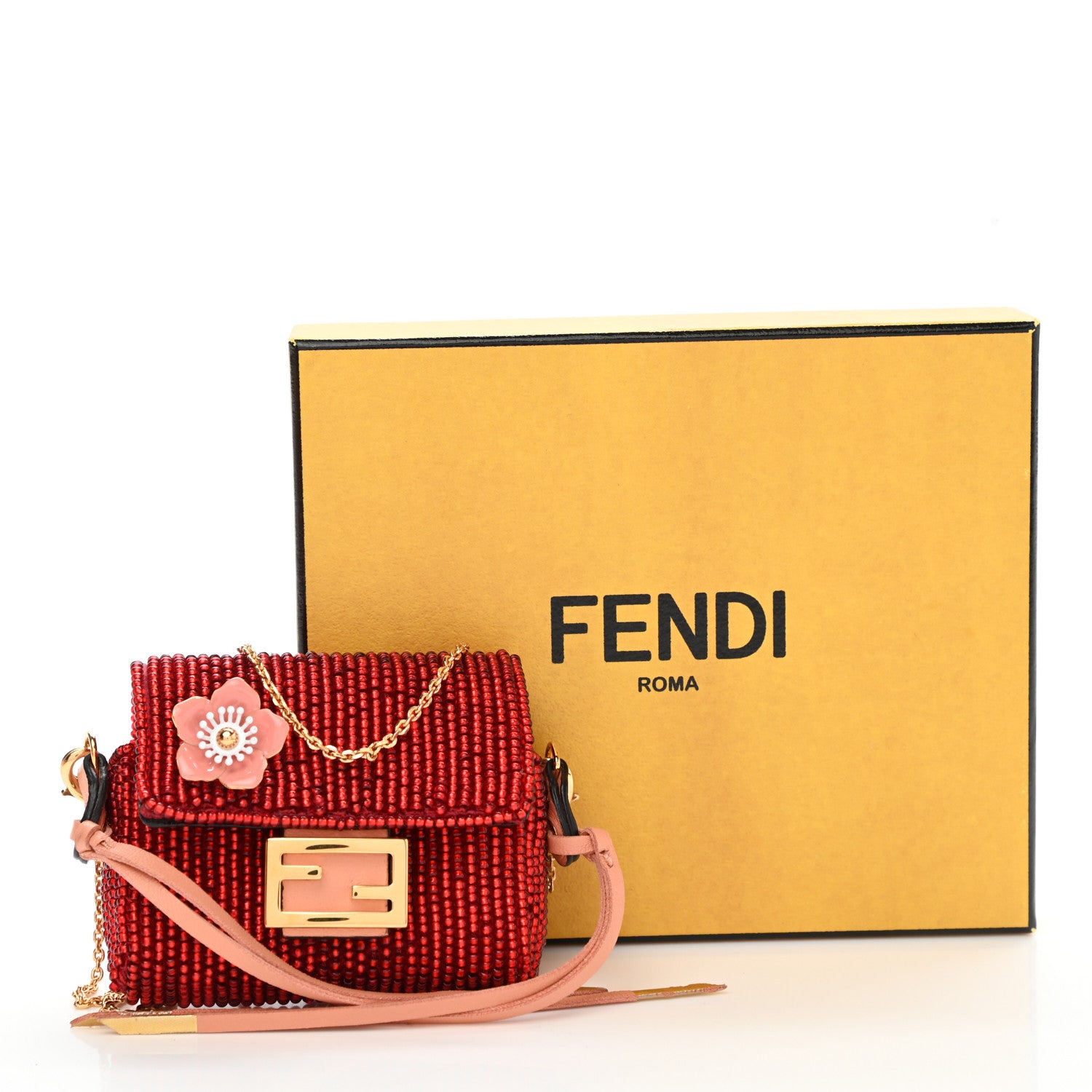 Fendi Enamel Nappa Beaded Flower Embroidered Pico Baguette Charm Rosso Albicocca 9 of 9