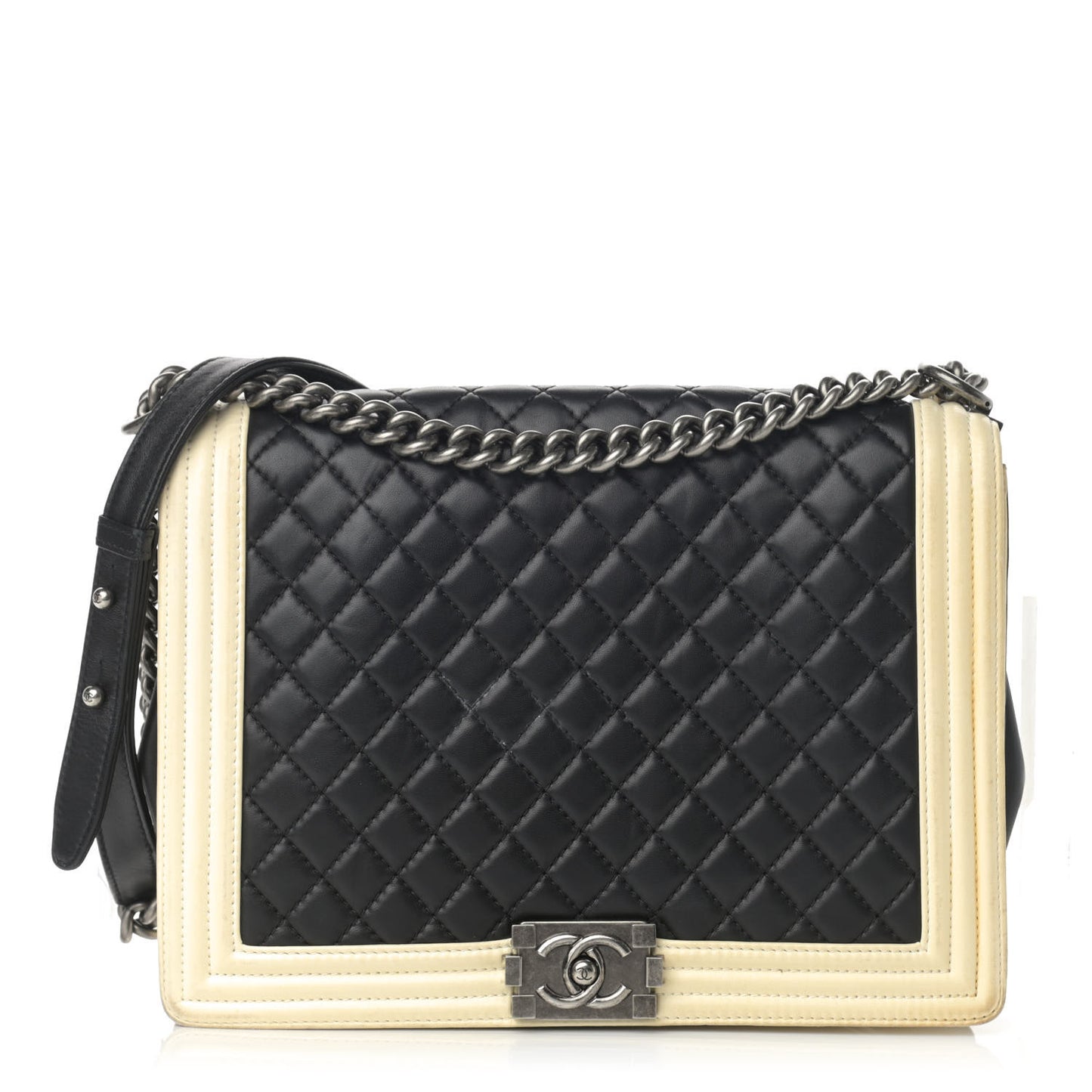 Lambskin Quilted Large Boy Flap Black White