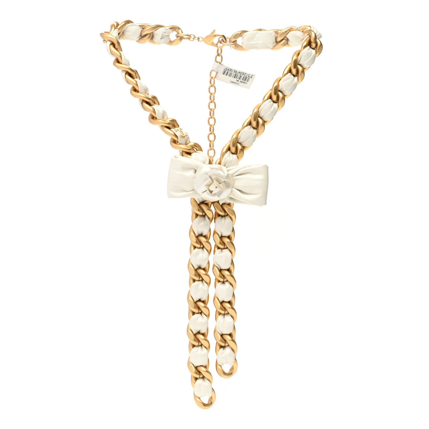 Calfskin Chain Camellia Bow Necklace Gold White