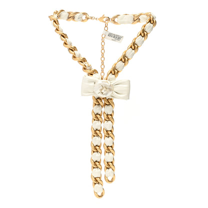 Chanel Calfskin Chain Camellia Bow Necklace Gold White 3 of 8