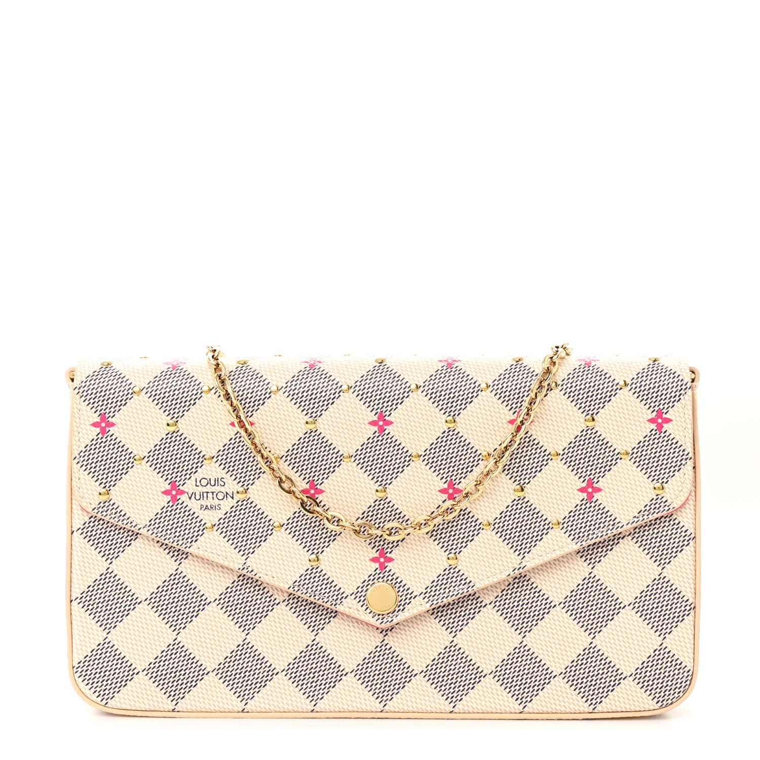 Louis Vuitton Damier Azur Studded Pochette Felicie Chain Wallet Fuchsia 1 of 13
