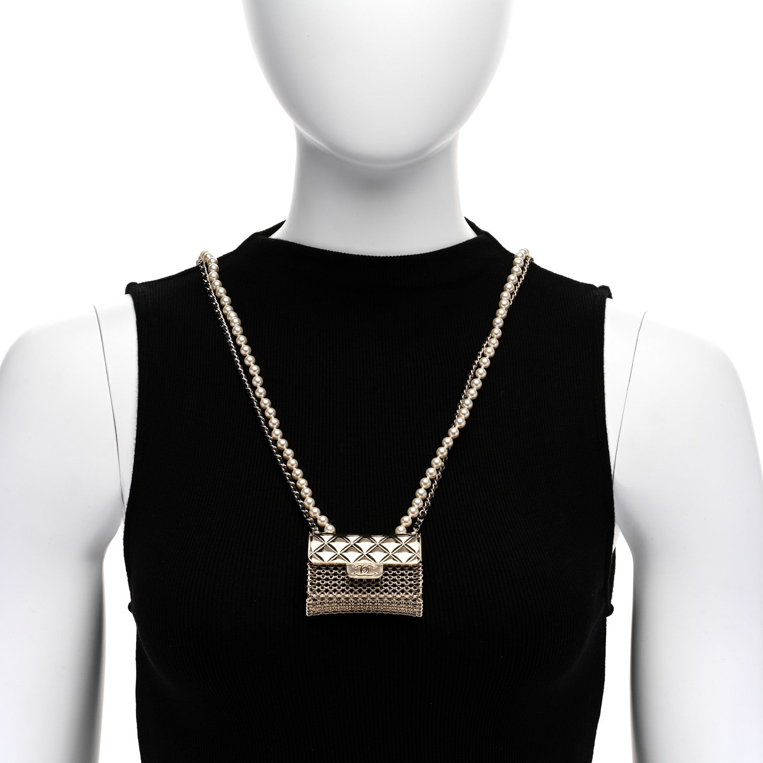 Chanel Metal Lambskin Pearl Chain Flap Bag Long Necklace Gold Black Pearly White 2 of 5