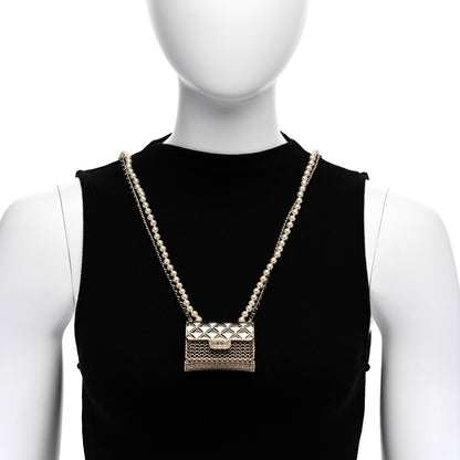 Chanel Metal Lambskin Pearl Chain Flap Bag Long Necklace Gold Black Pearly White 2 of 5
