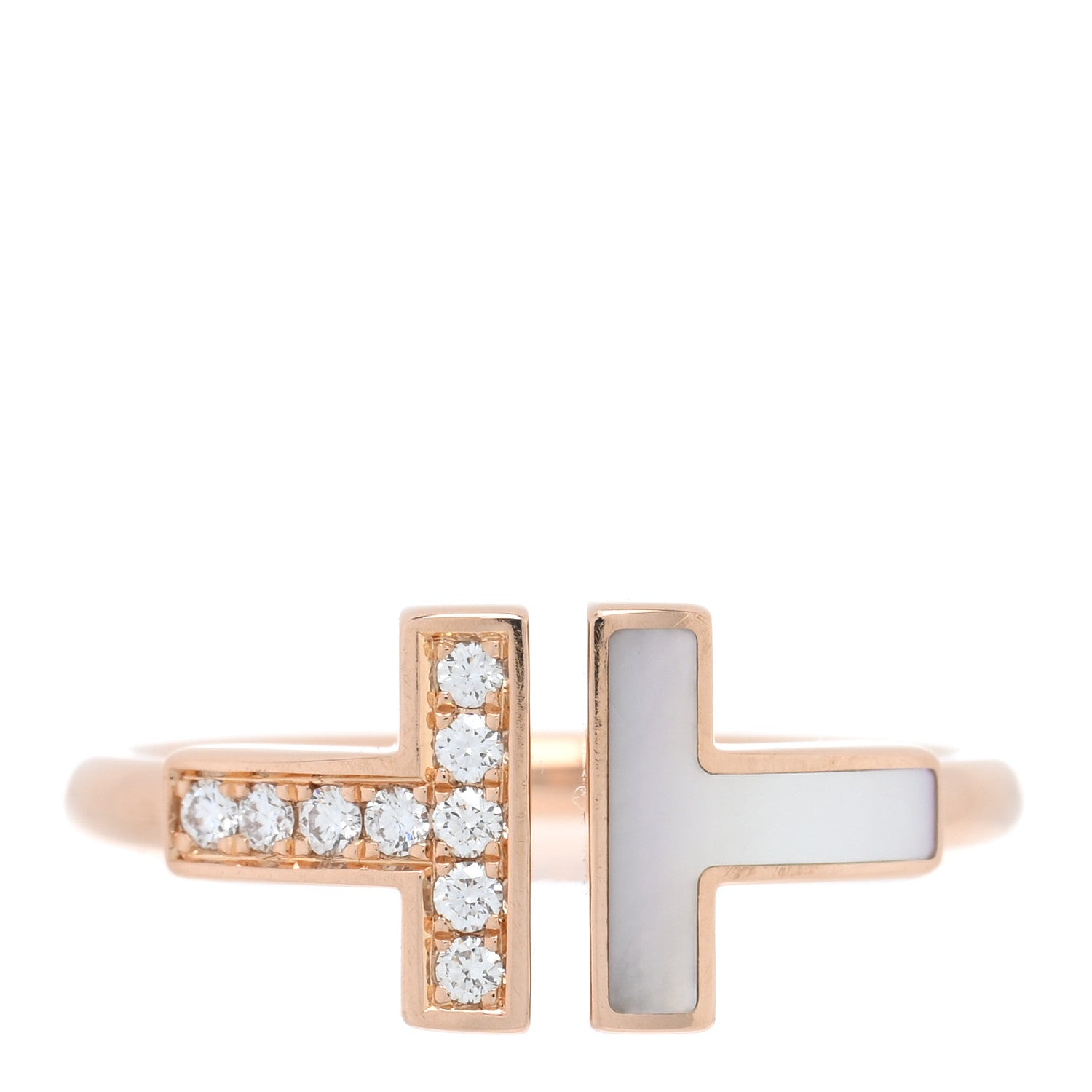 Tiffany 18K Rose Gold Diamond Mother of Pearl T Wire Ring 49 5 1 of 5