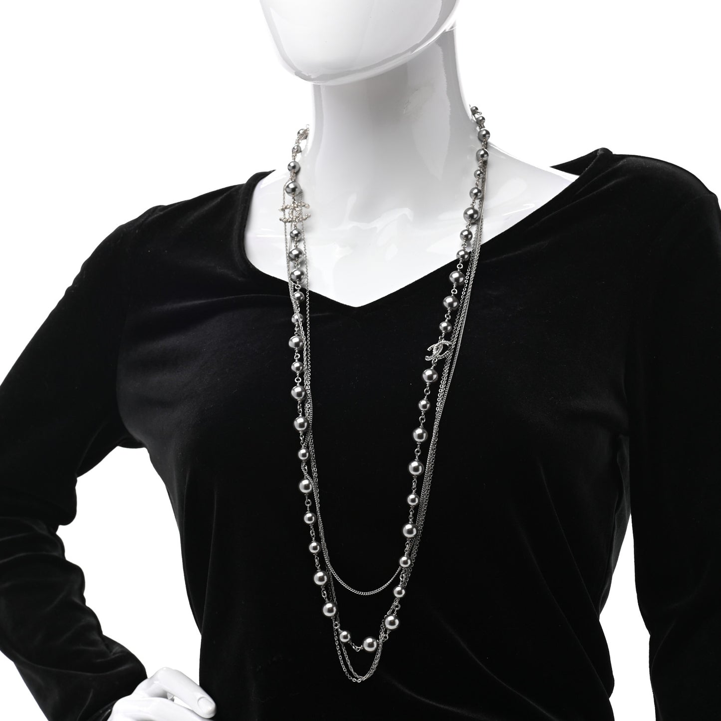 Pearl Bead Multi Strand CC Long Necklace Silver Grey