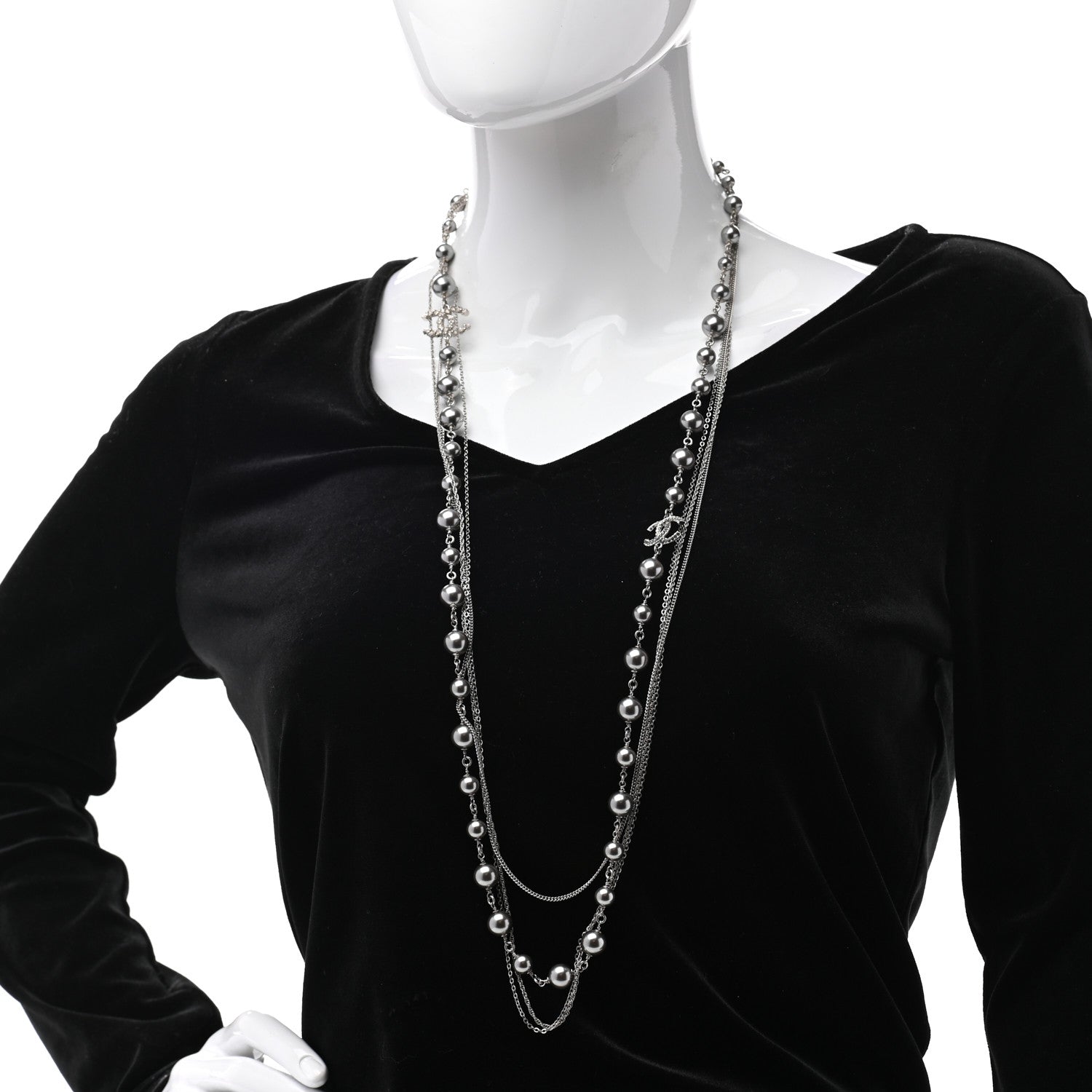 Chanel Pearl Bead Multi Strand CC Long Necklace Silver Grey 2 of 7