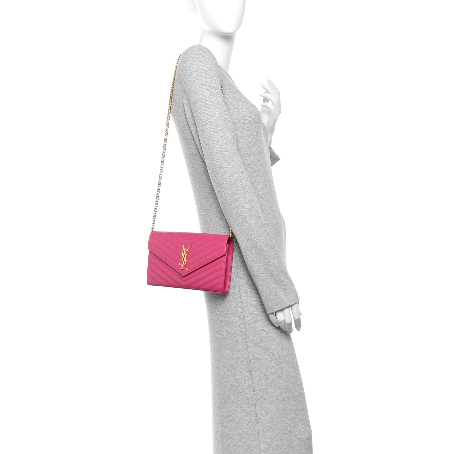 Saint Laurent Grain De Poudre Matelasse Chevron Monogram Chain Wallet Lipstick Fuchsia 2 of 9