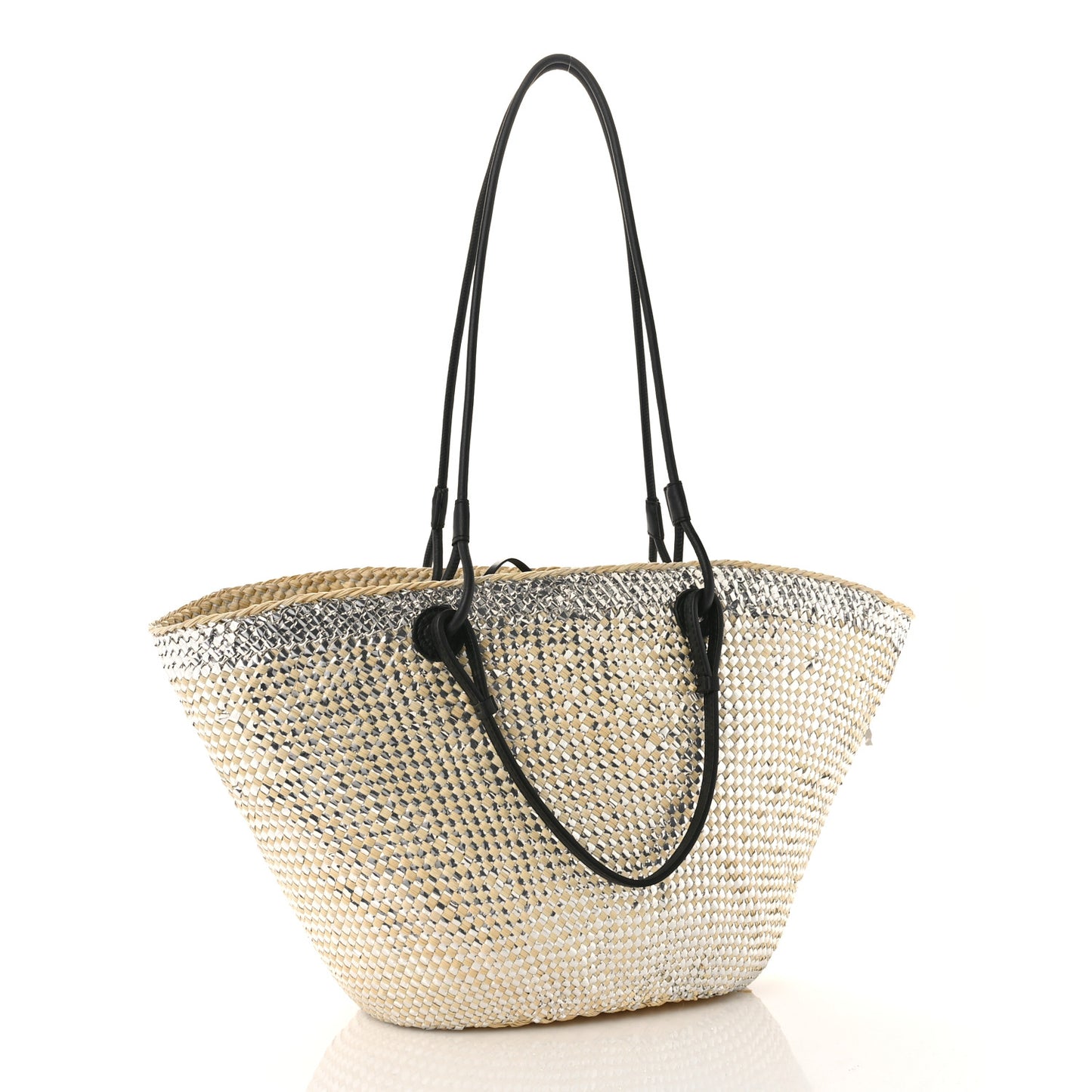 Calfskin Raffia Paulas Ibiza Sparkling Metallic Anagram Basket Tote Bag Natural Silver