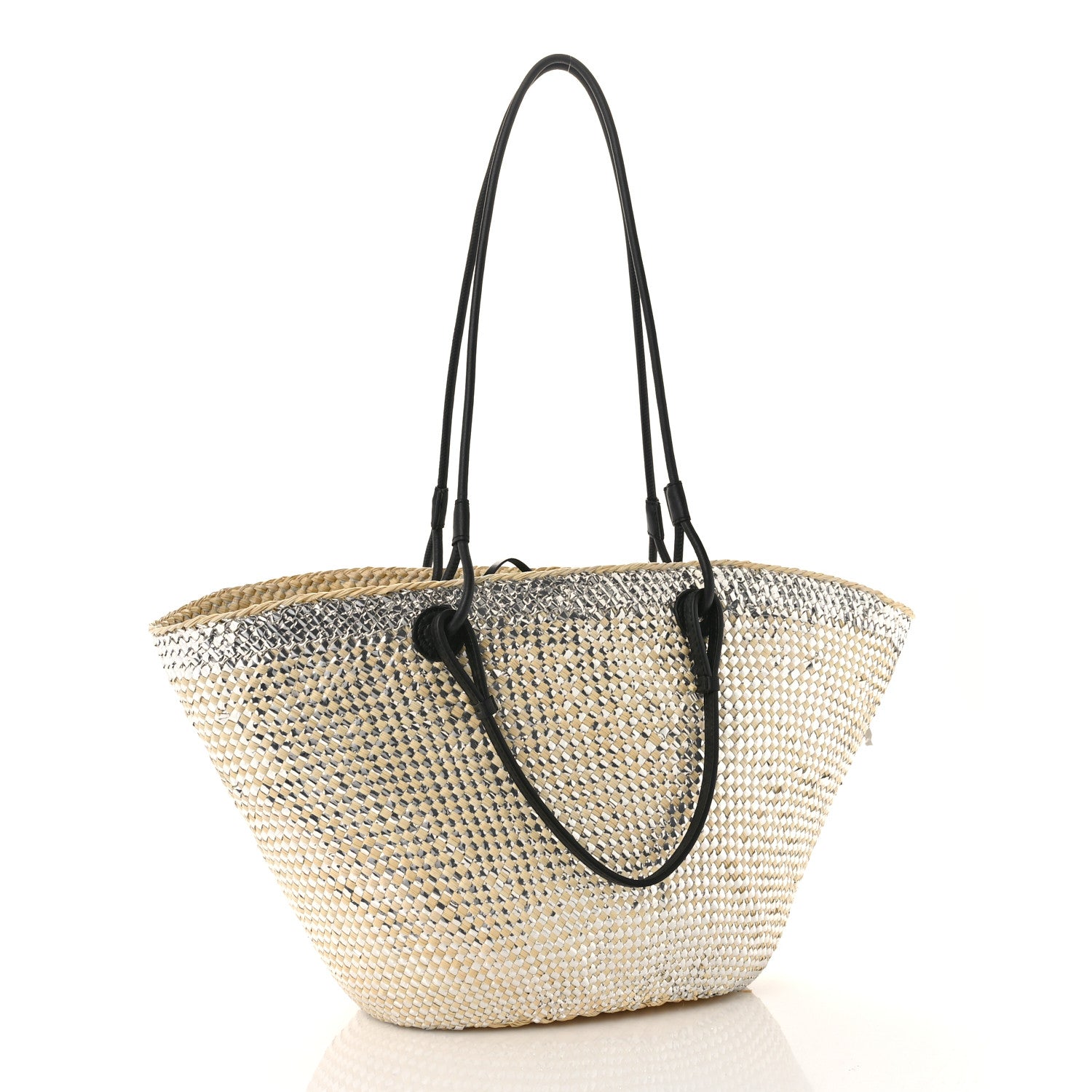 Loewe Calfskin Raffia Paulas Ibiza Sparkling Metallic Anagram Basket Tote Bag Natural Silver 3 of 10