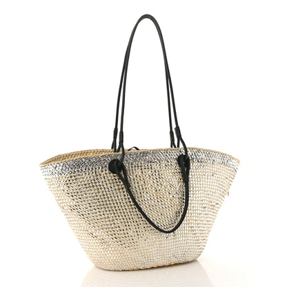 Loewe Calfskin Raffia Paulas Ibiza Sparkling Metallic Anagram Basket Tote Bag Natural Silver 3 of 10