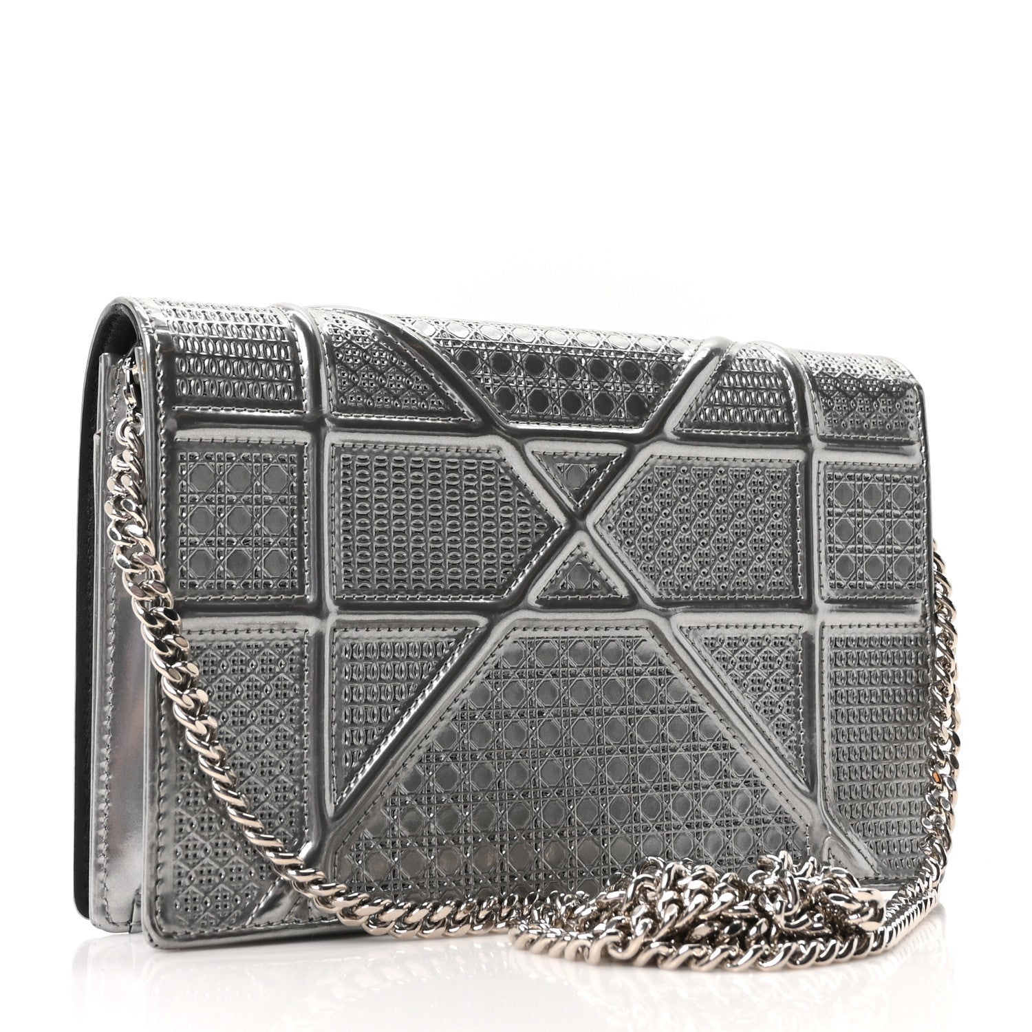 Christian Dior Metallic Patent Micro-Cannage Diorama Wallet on Chain Pouch Silver 3 of 9
