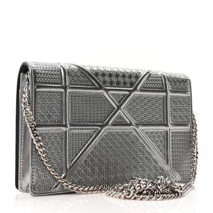 Christian Dior Metallic Patent Micro-Cannage Diorama Wallet on Chain Pouch Silver 3 of 9