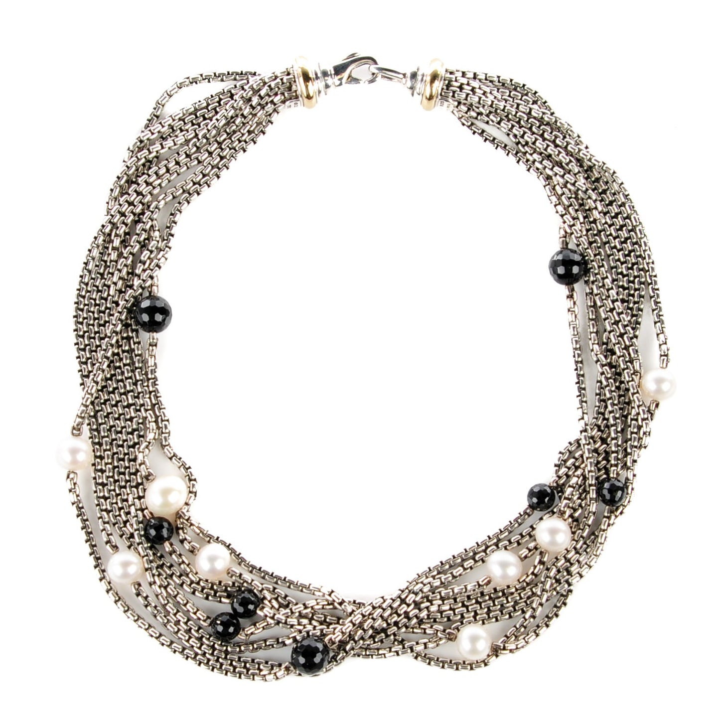 Sterling Silver 18K Yellow Gold Pearl Black Onyx Box Chain Necklace