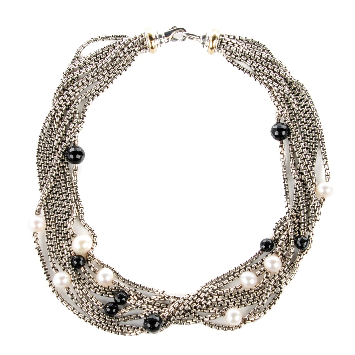 David Yurman Sterling Silver 18K Yellow Gold Pearl Black Onyx Box Chain Necklace 1 of 4