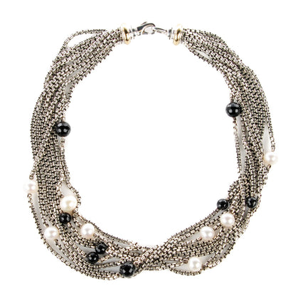 David Yurman Sterling Silver 18K Yellow Gold Pearl Black Onyx Box Chain Necklace 1 of 4