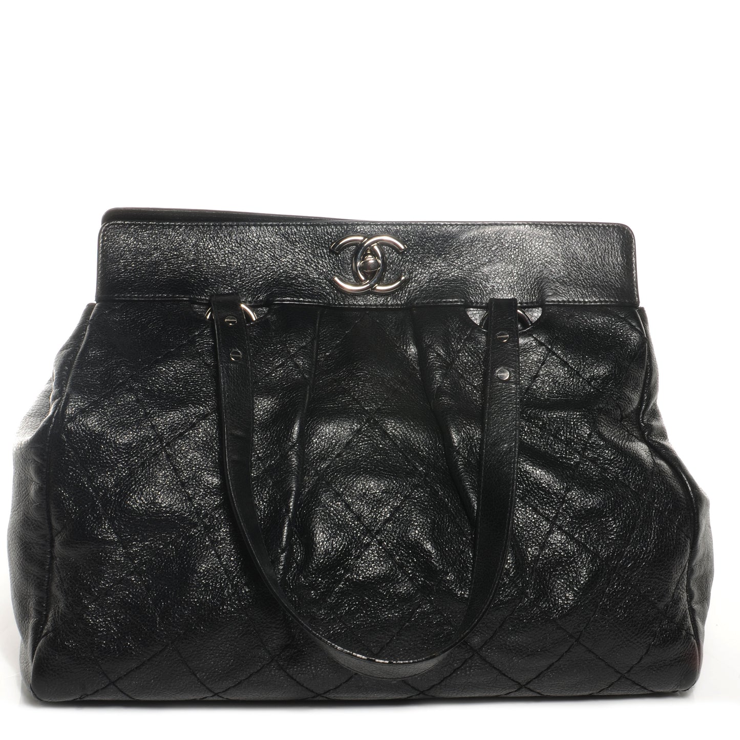 Glazed Calfskin Large On The Road Large Frame Tote Black