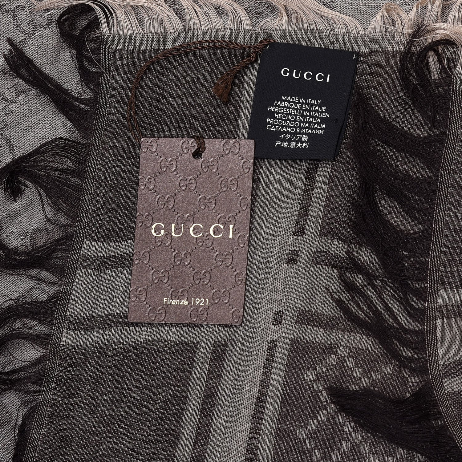 Gucci Wool Silk GG Monogram Diamante Plaid Surviee Shawl Beige Dark Brown 3 of 4