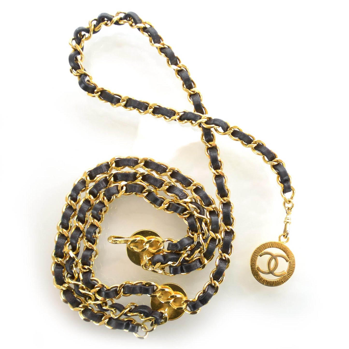 Leather Chain CC Medallion Belt Black Gold