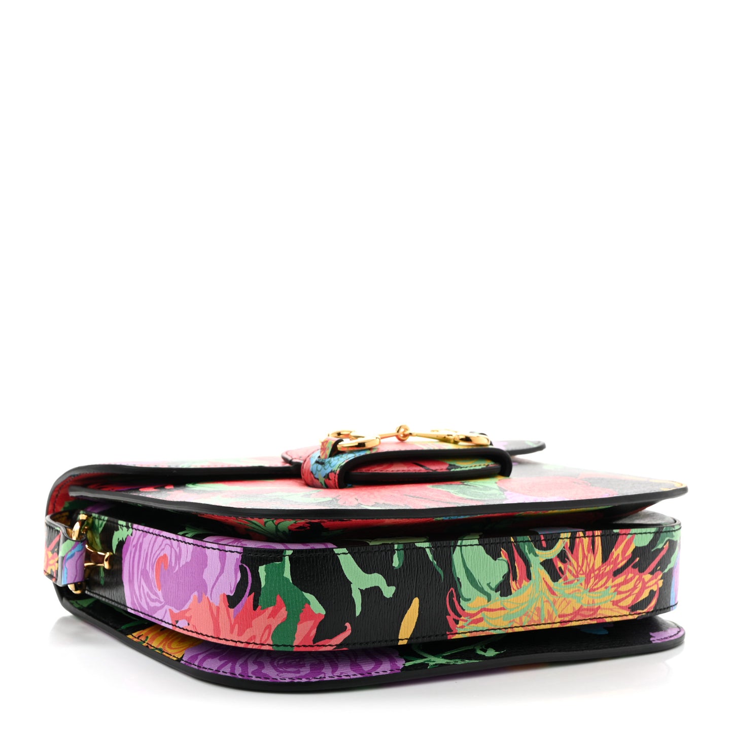 X KEN SCOTT New Shangai Calfskin Jenny Floral Print Horsebit 1955 Shoulder Bag Black Pink