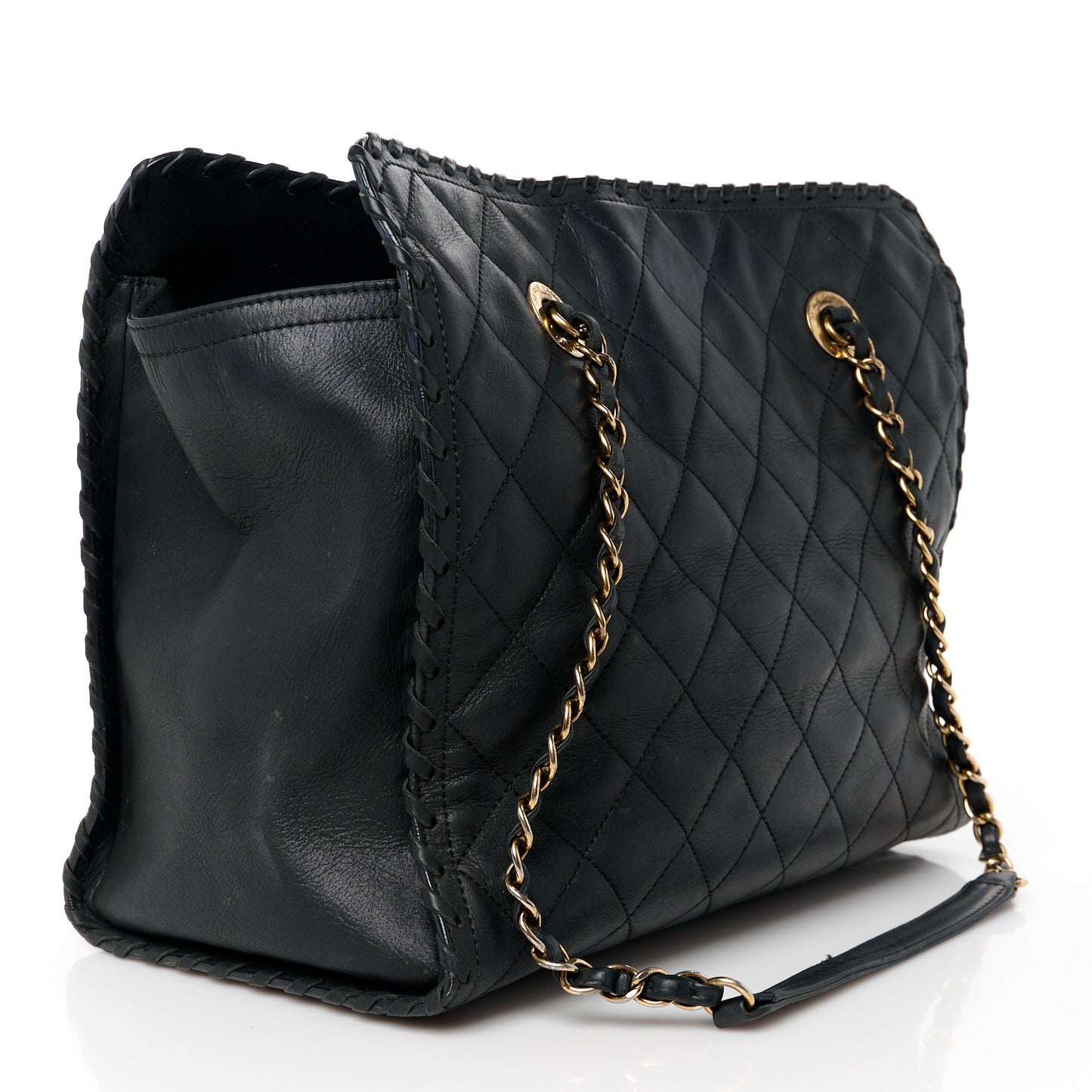 Iridescent Calfskin Quilted Happy Stitch Shopping Tote Black