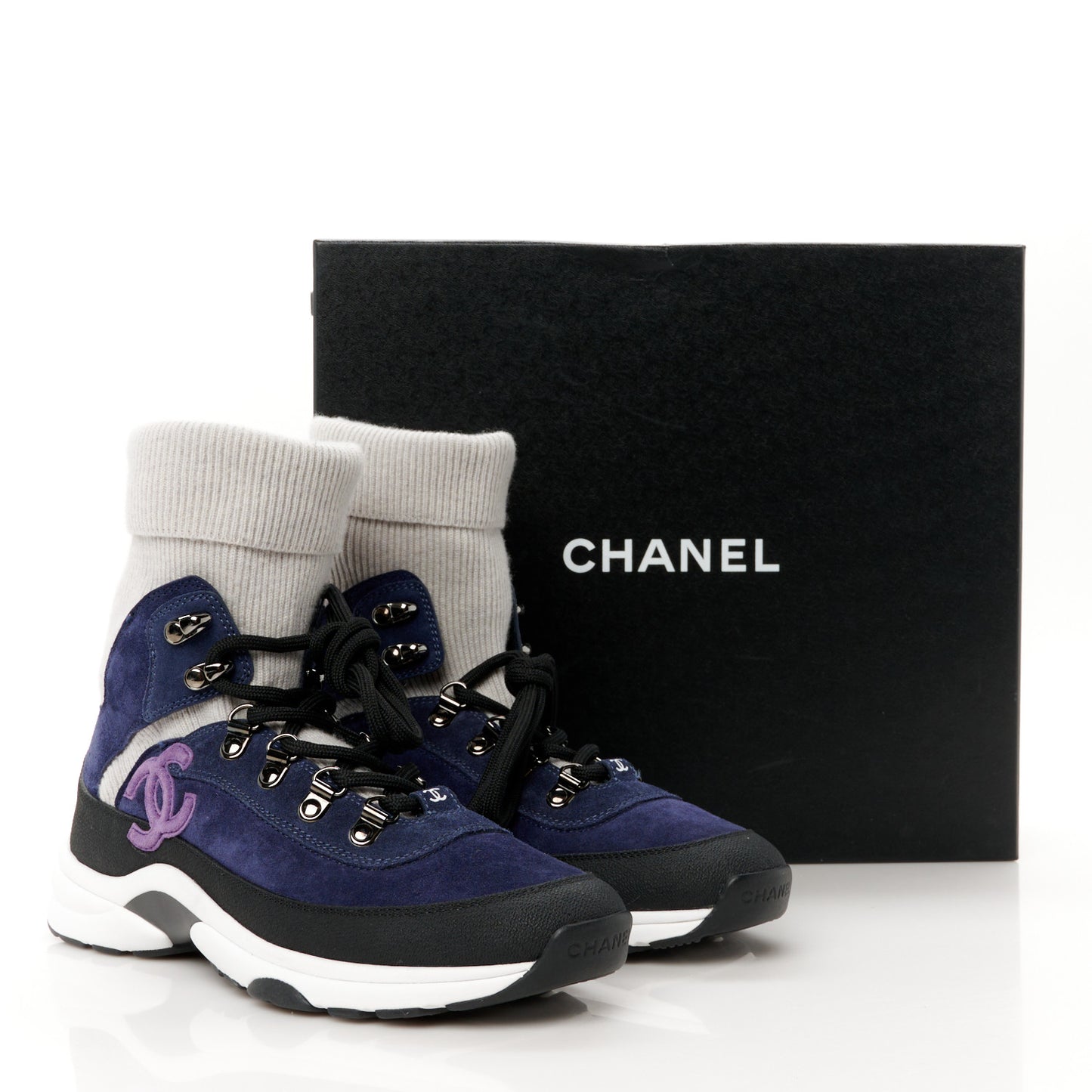 Suede Calfskin Knit CC Sneakers 38 Dark Blue Light Grey
