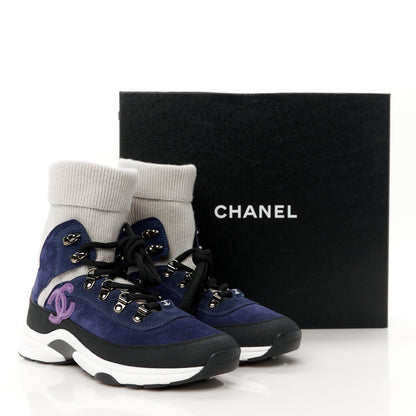 Chanel Suede Calfskin Knit CC Sneakers 38 Dark Blue Light Grey 10 of 10