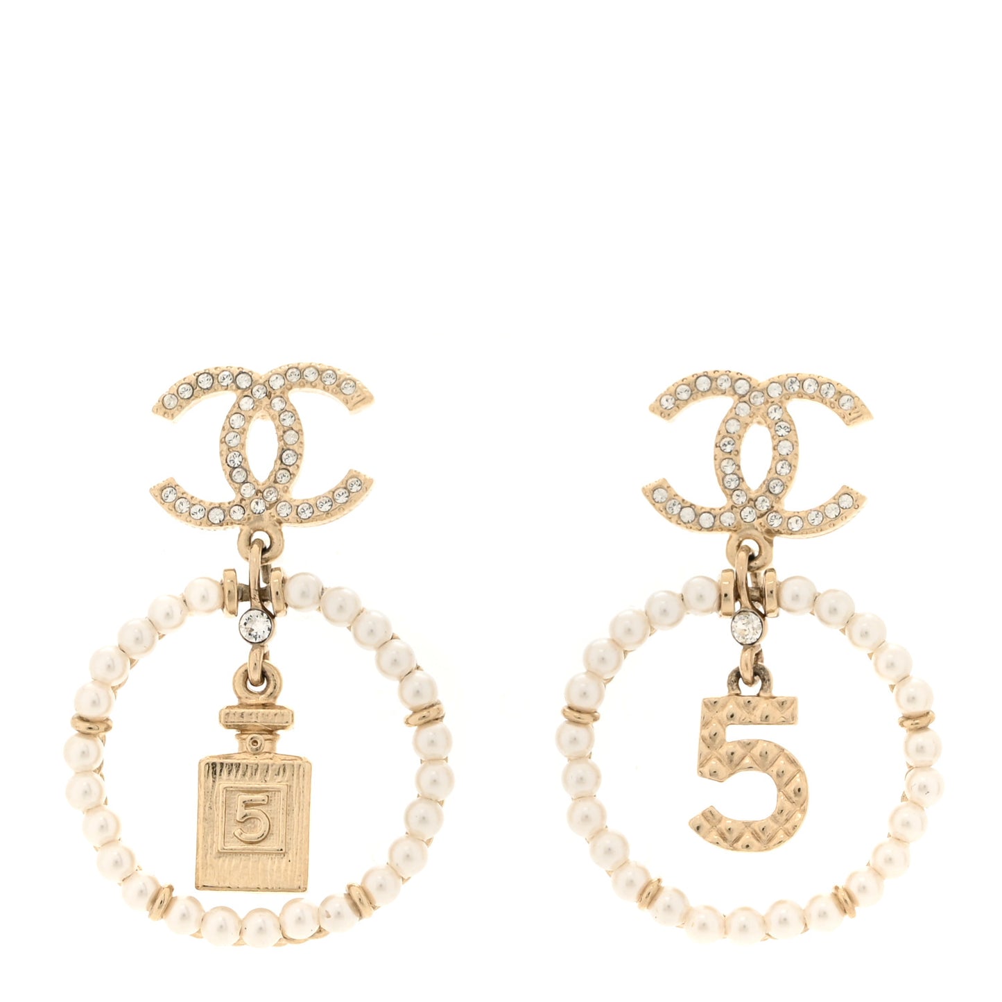 Crystal Pearl Chanel Charms CC Drop Earrings Gold