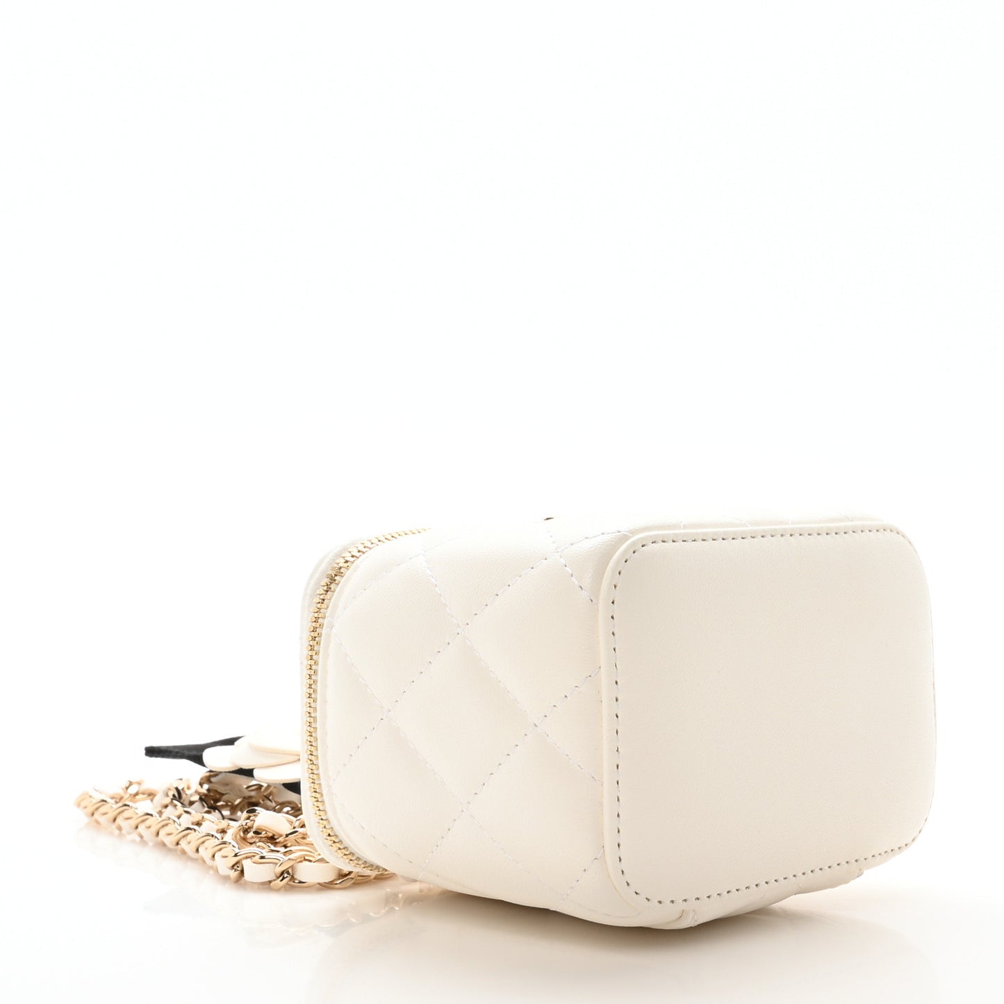 Lambskin Quilted Mini Camellia Bow Vanity Case With Chain White