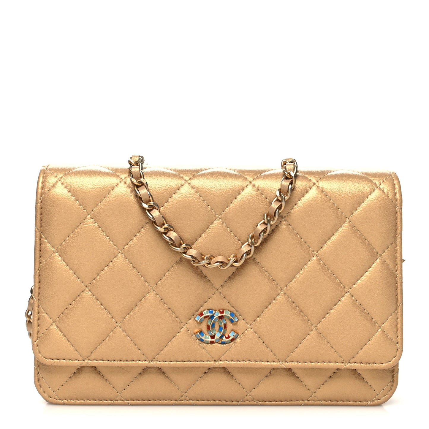 Metallic Lambskin Quilted Enamel Wallet On Chain WOC Gold