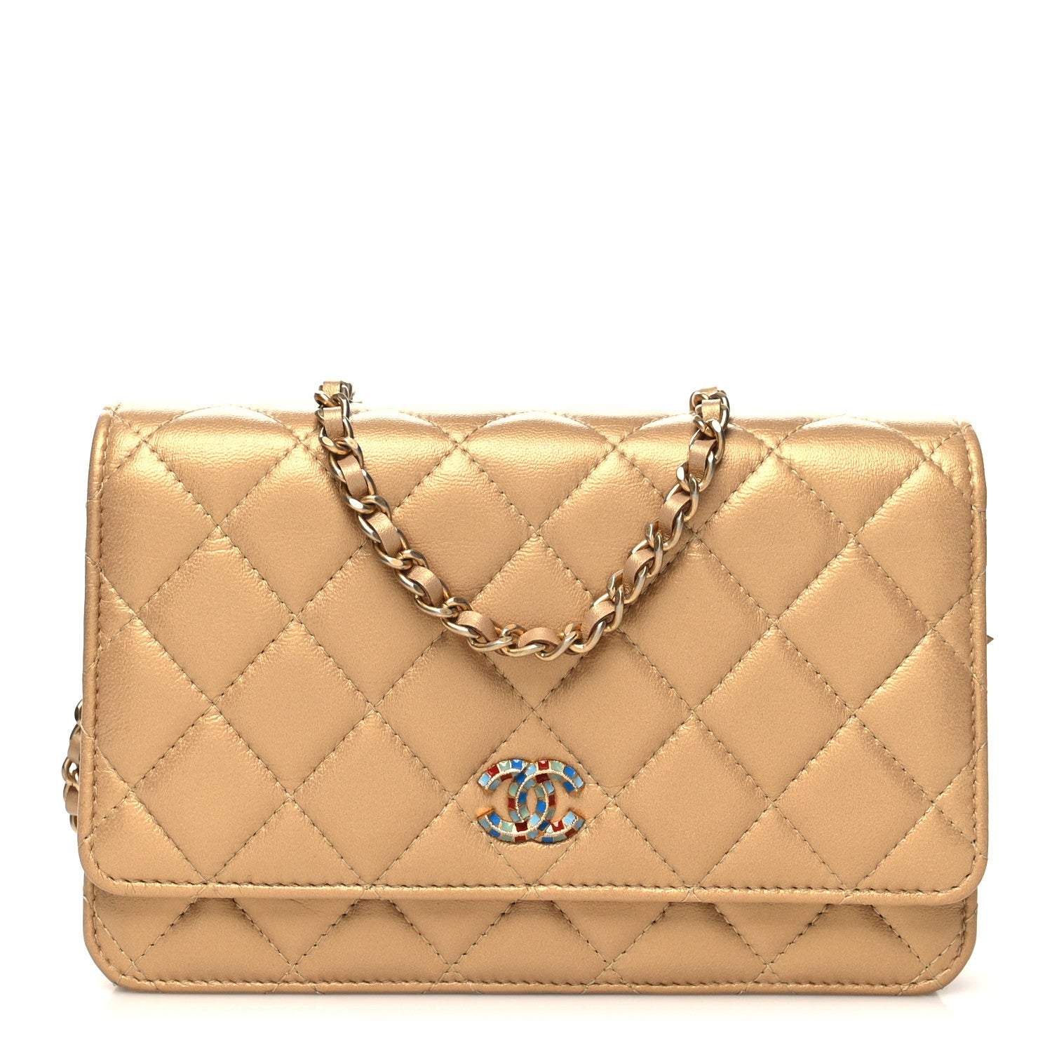 Chanel Metallic Lambskin Quilted Enamel Wallet On Chain WOC Gold 1 of 13