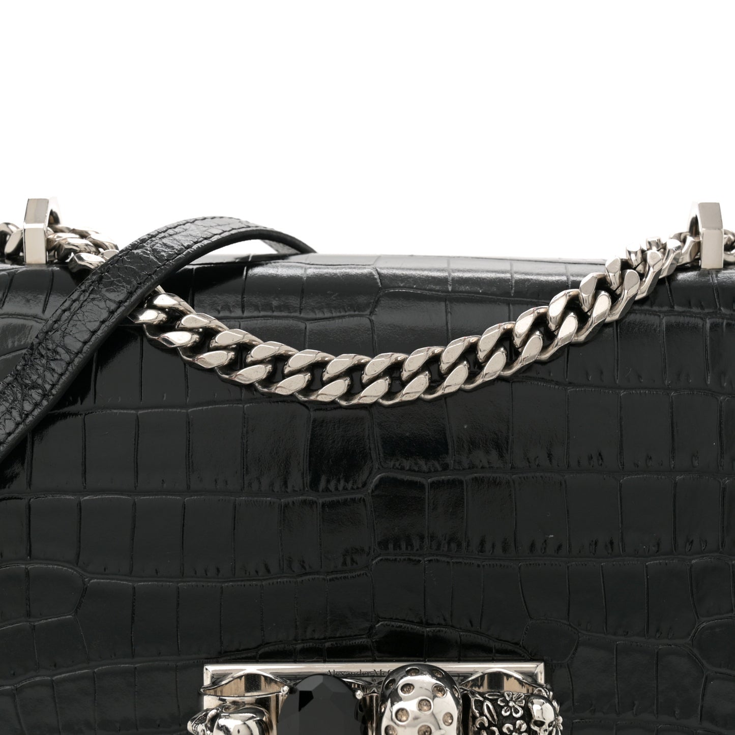 Shiny Calfskin Crocodile Embossed Knuckle Jeweled Crossbody Black