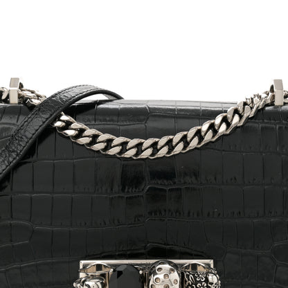 Alexander McQueen Shiny Calfskin Crocodile Embossed Knuckle Jeweled Crossbody Black 8 of 11