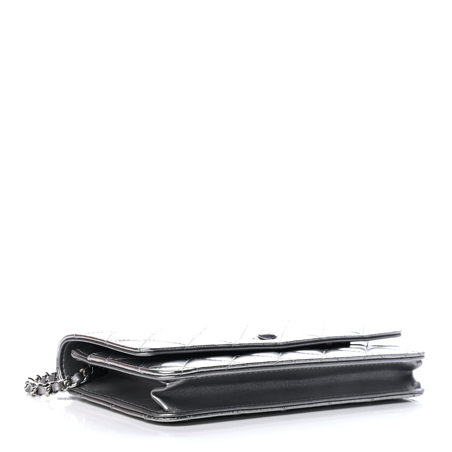 Metallic Crumpled Patent Calfskin Quilted Wallet On Chain WOC Silver