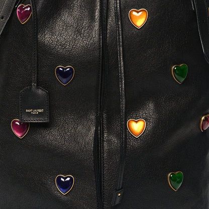 Saint Laurent Lambskin Medium Heart Studded Riva Drawstring Bag Black 7 of 11