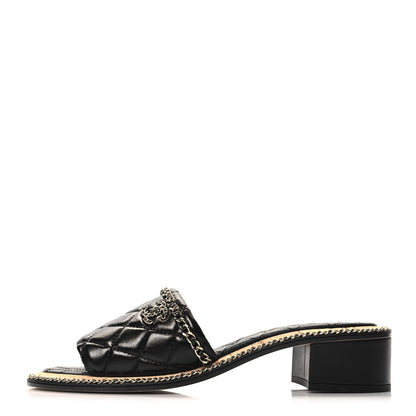 Chanel Lambskin Quilted Chain CC Sandals 37.5 Black 1 of 8
