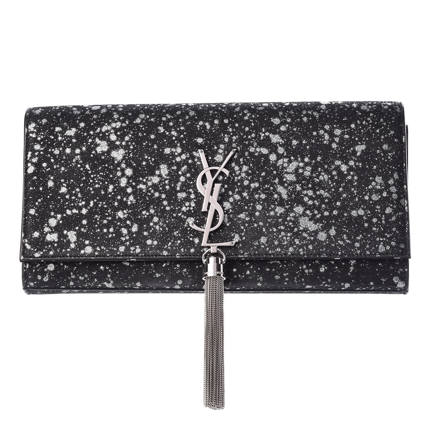 Saint Laurent Suede Glitter Classic Monogram Cassandre Tassel Clutch Black 1 of 10
