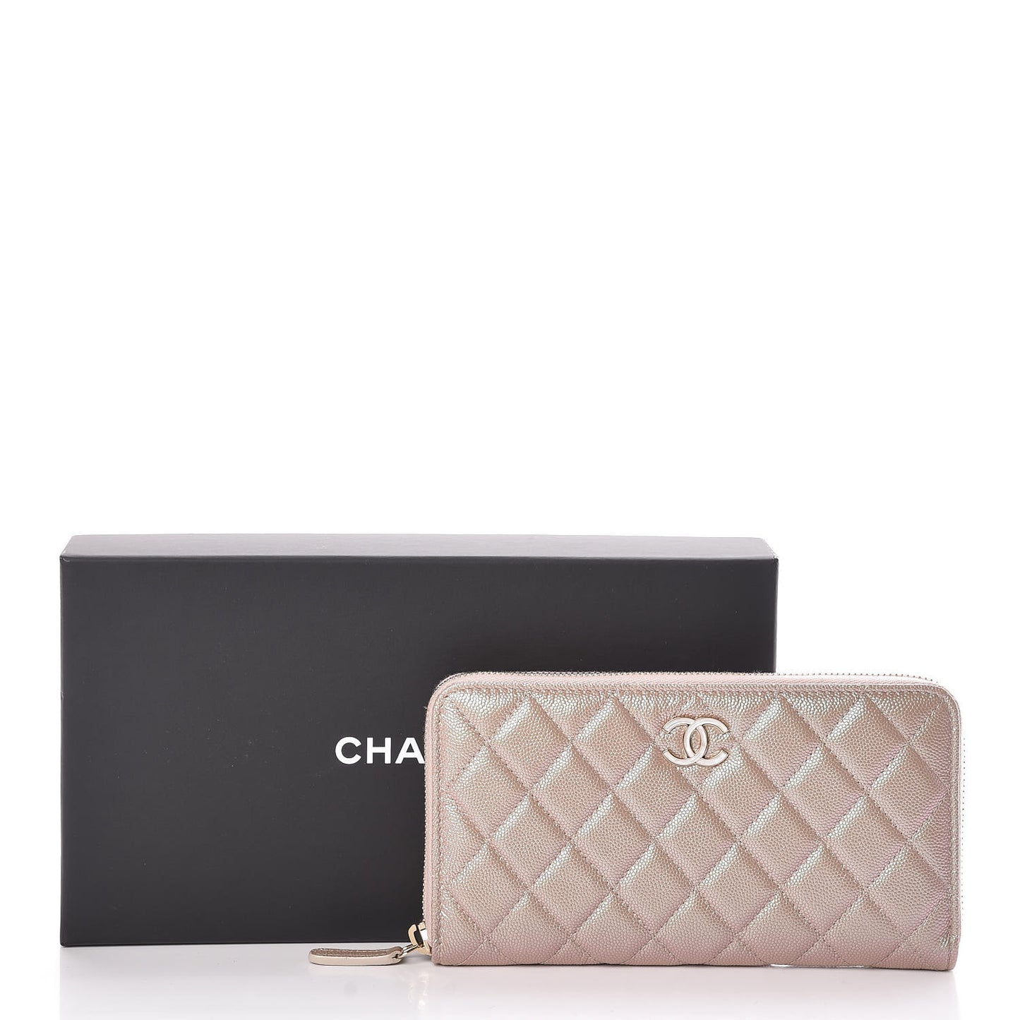 Iridescent Caviar Quilted Long Zip Around Wallet Beige